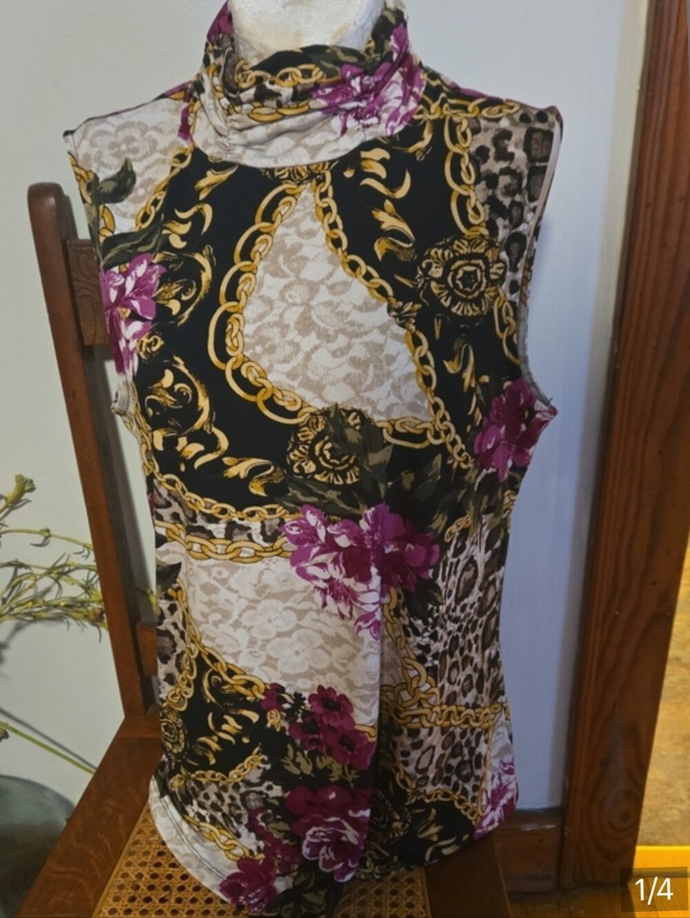 Susan Graver Sleeveless Turtleneck Top in Black, Gold & Magenta  Size Med